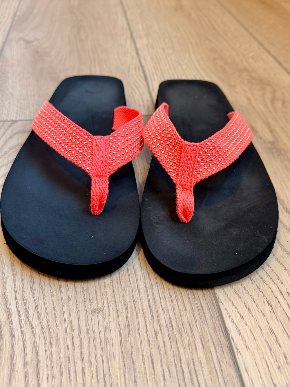 Black & Coral Beaded Thong Sandals